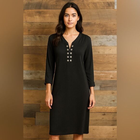 Michael Kors Black V-neck Long roll Sleeve Dress with Silver eyelet Details Sz M - Picture 12 of 12